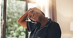 Black woman, relax and stretching in bedroom at house for wake up, start day and muscle relief. Thinking, female person and neck stiffness with circulation, body awareness and good sleep for wellness