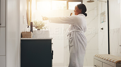 Buy stock photo Black woman, brush and singing in bathroom, smile and performance with morning routine at home. African person, song and happy with voice, dance and hair care for grooming with music at apartment