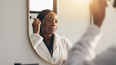 Buy stock photo Home, face roller and black woman in bathroom, mirror and natural skincare with wellness. Reflection, jade cosmetic tools and African person with facial massage, dermatology and beauty with grooming