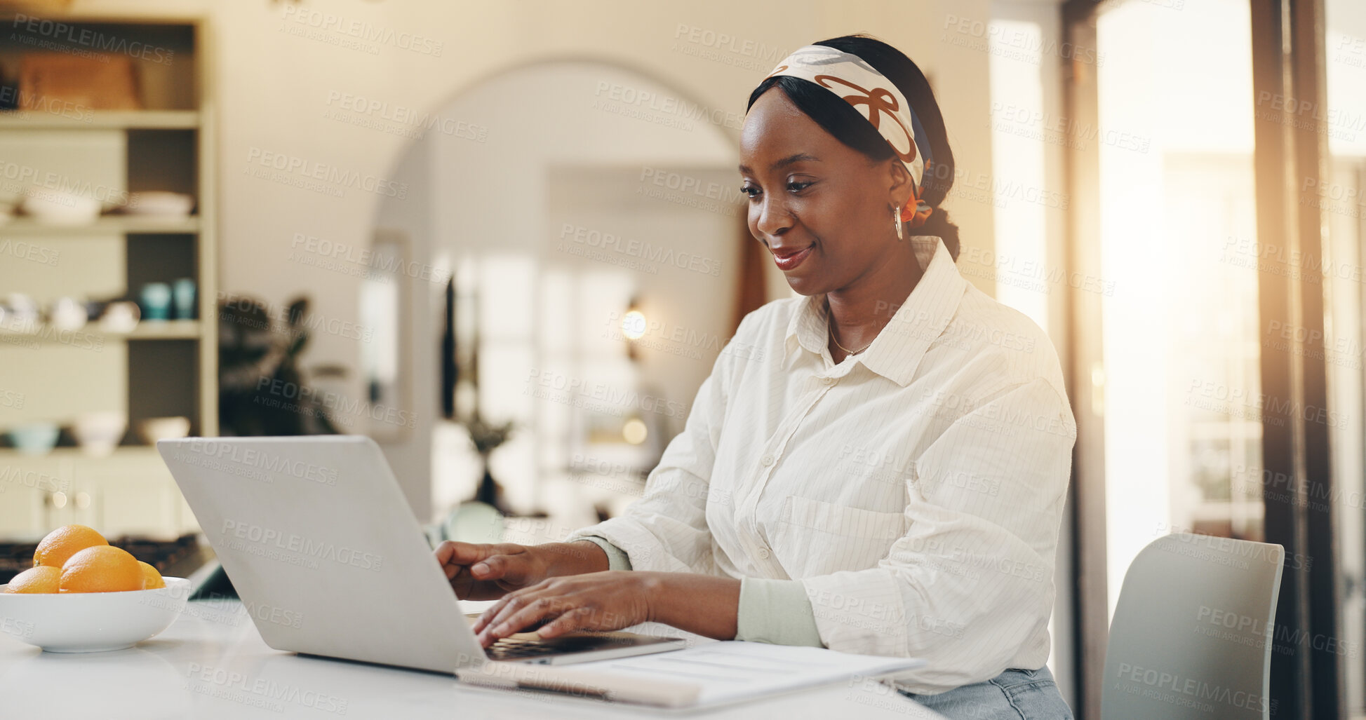 Buy stock photo Laptop, research and black woman in kitchen in home with remote work for creative project. Happy, computer and African female editor with freelance job for online article publishing in apartment.