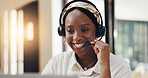 Happy, agent and woman with headset, call center or consultation for telemarketing or communication. Office, representative and black person with tech for digital chat, smile and lead generation