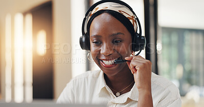 Buy stock photo Happy, agent and woman with headset, call center or consultation for telemarketing or communication. Office, representative and black person with tech for digital chat, smile and lead generation