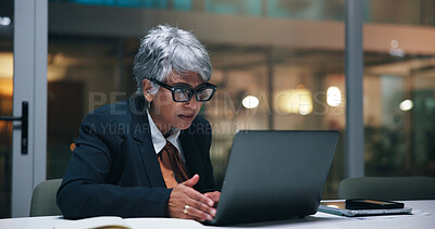 Buy stock photo Lawyer, reading and woman with laptop, research and planning for legal project and case notes. Mature attorney, consultant and overtime with tech, brainstorming and night with idea for business