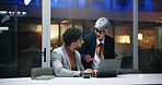 Night, manager and training with business people on laptop for help, compliance feedback or advice.Technology, mentor or coaching on overtime for project, policy discussion or team planning in office