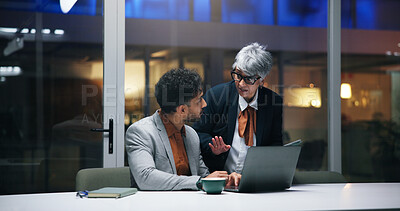 Buy stock photo Night, manager or training with business people on laptop for help, compliance feedback or advice. Technology, mentor or coaching on overtime for project, policy discussion or team planning in office