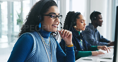 Buy stock photo Call center, headset and woman in office with communication, CRM or online consultation. Coworking, mic and female technical support consultant with contact us, query or customer service in workplace
