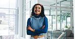 Portrait, business and woman with arms crossed, smile and confident personality with creative agency. Happy, professional and employee in workplace, pride and career ambition with growth and designer