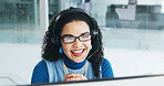 Smile, woman and computer with headset at call centre for customer service, client inquiry and crm. Happy, female agent and pc for consulting, telecom faq and information survey of feedback procedure