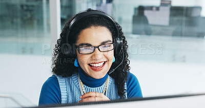 Buy stock photo Smile, woman and computer with headset at call centre for customer service, client inquiry and crm. Happy, female agent and pc for consulting, telecom faq and information survey of feedback procedure