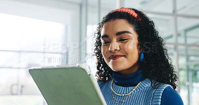 Buy stock photo Design, research and tablet with employee woman in office for planning or web development. App, smile and solution with happy designer in business workplace for feedback, online review or update