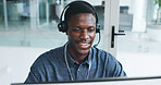 Black man, listen and headset with computer at call centre for crm, help client and customer support. Agent, mic and pc for consultation faq, inquiry advice and online information of telecom guidance