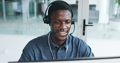 Buy stock photo Black man, listen and headset with computer at call centre for CRM, help client and customer support. Agent, mic and PC for consultation FAQ, inquiry advice and online information of telecom guidance