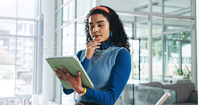 Buy stock photo Decision, design and tablet with business woman in office for ideas, problem solving or thinking. App, planning and research with designer in creative workplace for brainstorming or online solution