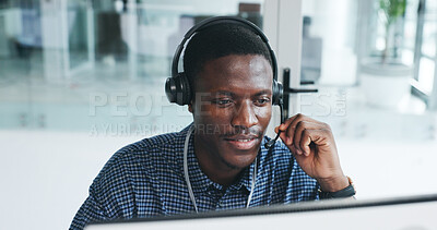 Buy stock photo Black man, reading and computer with mic at call centre for customer service, client inquiry and crm. Male agent, headset and pc for helping, telecom faq and information survey of feedback procedure