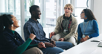 Buy stock photo Teamwork, happy and business people at call center for meeting, collaboration and IT support. Startup agency, office and men with women in coworking space for discussion, chatting and talking