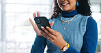 Hands, woman and typing with phone in office for research, proofreading and review article. Happy, female journalist and mobile for chat, contact editor and source check for publication notification