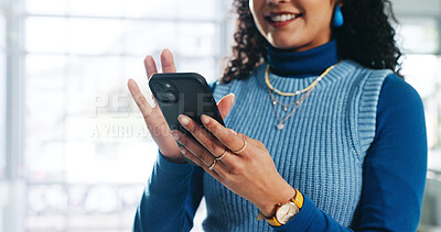 Buy stock photo Hands, woman and typing with phone in office for research, proofreading and review article. Happy, female journalist and mobile for chat, contact editor and source check for publication notification