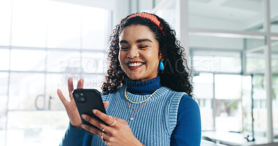 Buy stock photo Woman, smartphone and happy with texting at startup, scroll and notification for deal at media company. Person, phone and smile on break at office, web chat and social network at creative agency