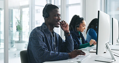 Buy stock photo Call center, agent and man with headset, listen and consultation for sales, tech or lead generation. Telemarketing, coworkers and person with mic for communication, services and chat with contact