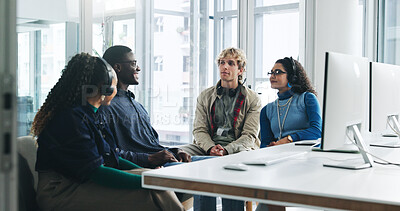 Buy stock photo Teamwork, office and business people at call center for meeting, collaboration and IT support. Startup agency, talking and men with women on computer for crm service, online consulting and contact