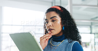 Buy stock photo Design, tablet and thinking with business woman in office for decision, ideas or problem solving. App, research and solution with designer in creative workplace for online brainstorming or planning