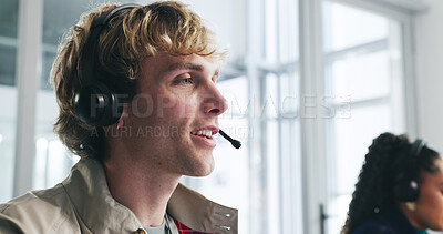 Buy stock photo Call center, agent and man with headset, talking or consultation for sales, tech or lead generation. Telemarketing, representative and person with mic for communication, friendly or chat with contact