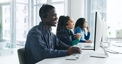 Buy stock photo Call center, coworkers and man with headset, talking or services for sales, tech or lead generation. Telemarketing, representative and person with mic for communication, friendly or chat with contact