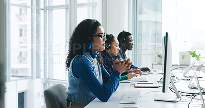 Buy stock photo Technical support, headset and woman in office with communication, crm or online consultation. Talk, mic and female call center consultant with contact us, query or customer service in workplace.