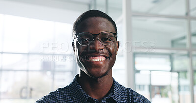 Buy stock photo Office, happy and portrait of business black man for writer career, opportunity and internship. Creative agency, publishing and confident person with pride for copywriting, editing and journalism