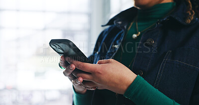 Buy stock photo Woman, hands and typing with phone for social media, research or network connection in office. Female person, employee or designer on mobile smartphone app for software update or testing in workplace