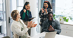 Business, laptop and people with celebration applause for marketing goals, teamwork and success. Creative agency, employees and excited with tech in office for campaign performance and pitch approval