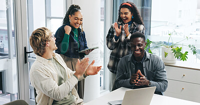 Buy stock photo Business, laptop and people with celebration applause for marketing goals, teamwork and success. Creative agency, employees and excited with tech in office for campaign performance and pitch approval