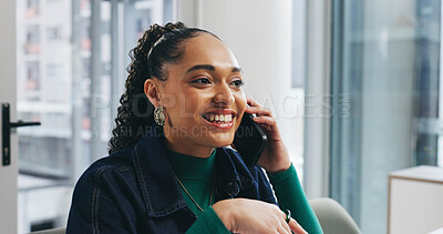 Buy stock photo Phone call, consulting and smile with business woman in office for advice, client feedback or proposal. Communication, contact and networking with employee in agency for project management and review