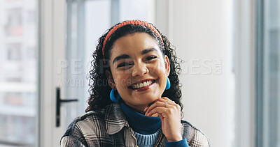 Buy stock photo Woman, happy and portrait at office, startup and confidence for career, pride and job at media company. Person, writer or journalist for fashion magazine with smile at creative agency in Colombia