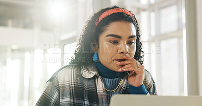 Buy stock photo Laptop, thinking and research with business woman in office for internship, web designer or reflection. Vision, ui menu prototype and idea with person in creative agency for reading and online review