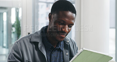 Buy stock photo Black man, tablet and reading with website for business report, project planning or company research. Businessman, creative and review notes with computer for schedule, agenda or tasks in workplace