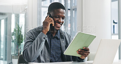 Buy stock photo Laptop, phone call and tablet with business black man in office for design or development. App, computer and conversation with happy African employee at desk in workplace for planning or research