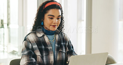 Buy stock photo Woman, laptop and project at startup with thinking, review and reading report at media company. Person, writer and computer with insight, research and editing process with smile at creative agency