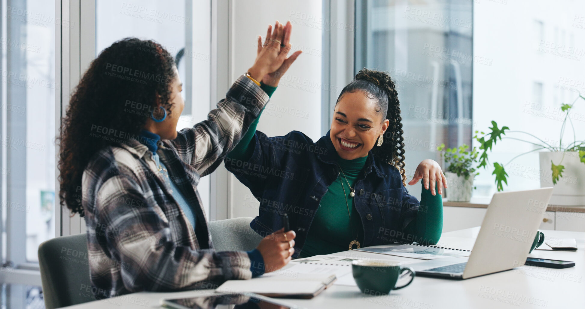 Buy stock photo Business, planning or people with high five celebration for marketing goals, startup growth or deal. Documents, happy women or congratulations with tech in office for campaign performance or teamwork