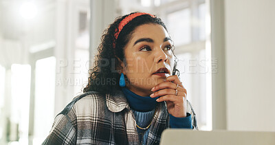 Buy stock photo Laptop, thinking and planning with business woman in office for internship, web designer or reflection. Vision, ui menu prototype and idea with person in creative agency for reading and online review