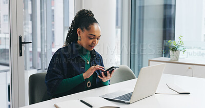 Buy stock photo Planning, phone and notes with business woman in office for schedule, client feedback or proposal. Consultant, technology and networking with employee in agency for project management and review