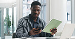 Black man, phone and reading with technology for business report, project planning or company research. Businessman, tablet and review notes with computer for schedule, agenda or tasks in workplace