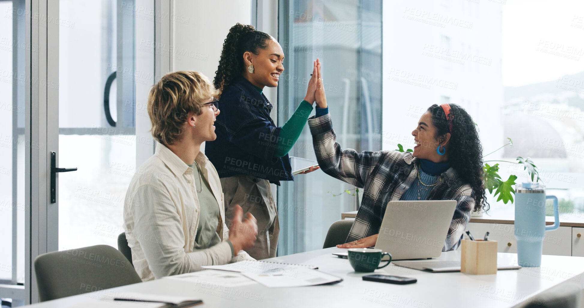 Buy stock photo Business, laptop or people with high five celebration for marketing goals, startup growth or deal. Documents, happy employees and congratulations in office for campaign performance and pitch approval