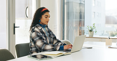 Buy stock photo Laptop, typing and research with business woman in office for internship, web designer or planning. Email, ui menu prototype and report with person in creative agency for reading and online review