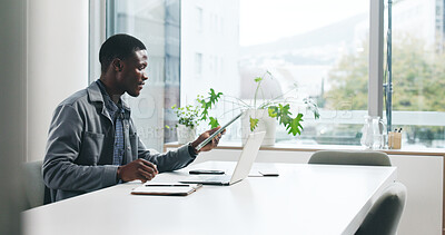 Buy stock photo Planning, tablet and tech with business black man in office for article source, publisher schedule or research. Journalist report, draft editing and reading with person in media agency for magazine