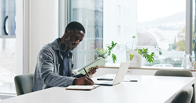 Buy stock photo Writing, tablet and laptop with business black man in office for article source, publisher schedule or research. Journalist report, draft editing and planning with person in media agency for magazine