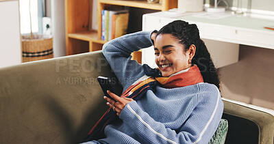 Buy stock photo Phone, reading and relax with woman on sofa for social media, text message and communication. Online chat forum, networking and post update with person in living room of home for contact and news