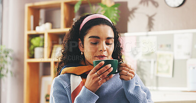 Buy stock photo Coffee, happy and woman on sofa in house with calm, peace and morning in living room for break. Relax, lounge and female person drinking latte, cappuccino or warm beverage on couch in apartment.