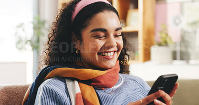 Buy stock photo Phone, relax and smile with woman on sofa for social media, text message and communication. Online chat forum, networking and post update with person in living room of home for contact and news