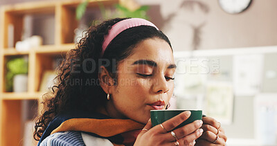 Buy stock photo Home, woman or blow coffee for relax, calm or peace in morning on weekend. House, tea cup or female person with hot beverage, latte or drink espresso for break to chill in living room with wellness